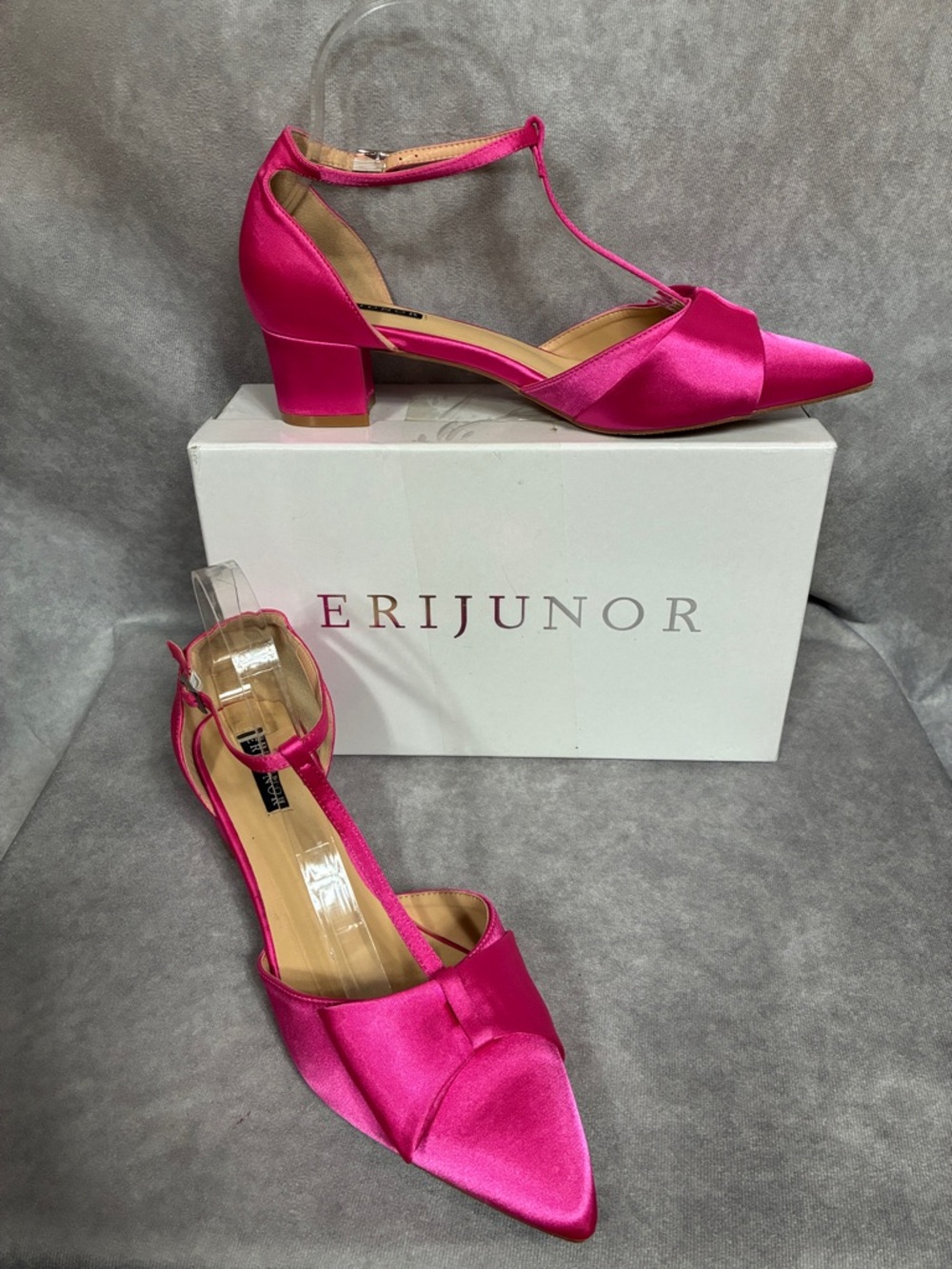 Nina Erijunor Hot Pink Satin T-Strap Block Heel Pumps